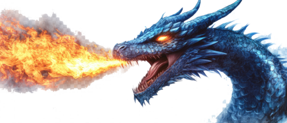 Head of a dragon spitting fire on transparent background