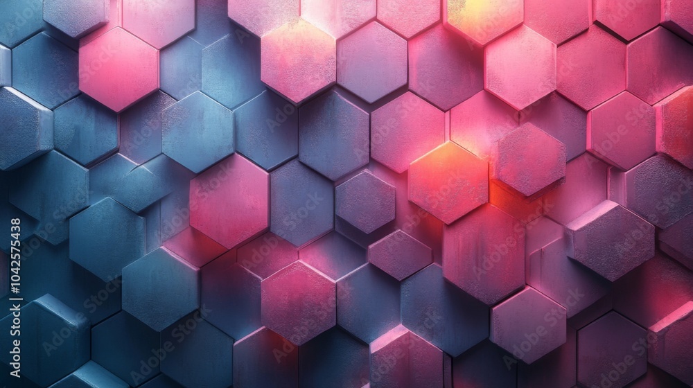Poster A dynamic arrangement of hexagonal shapes in various shades of pink and blue, forming an abstract textured background suitable for digital art or creative projects.