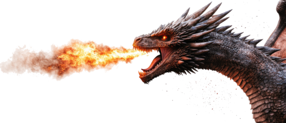 Head of a dragon spitting fire on transparent background