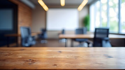 Wood table with blurred office room background, Generated Ai