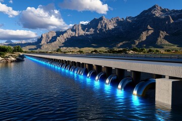 Obraz premium 3D rendering of the Solina Dam and surrounding landscape, with the lakeâ€™s reflective waters and detailed mountains creating a stunning digital scene
