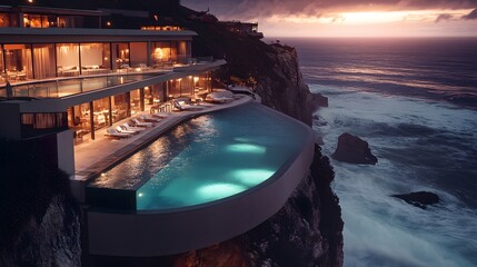 Luxury hotel featuring an infinity pool perched on a cliff overlooking the ocean with breathtaking views of crashing waves below