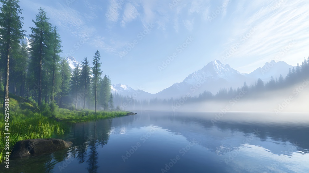 Poster a serene landscape featuring a tranquil lake surrounded by trees and mountains under a clear sky, wi