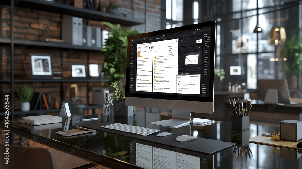 Poster modern workspace with sleek computer setup for enhanced productivity and creativity in a stylish off