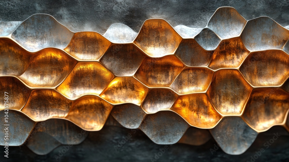 Poster a striking close-up of hexagonal metallic panels showcases a blend of gold and silver hues. warm lig