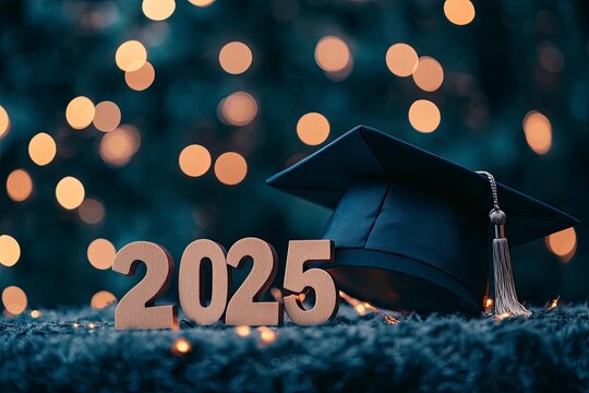 Class of 2023 concept. Wooden number "2025" with graduate hat on dark background with bokeh with generative ai