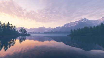 Fototapeta premium A serene landscape featuring a tranquil lake reflecting mountains and a colorful sky at dawn.