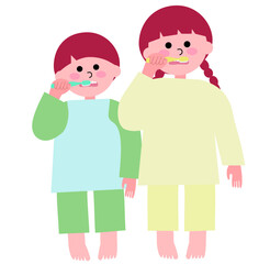パジャマを着て並んで一生懸命歯磨きをする幼い女の子とその弟の全身のイラスト