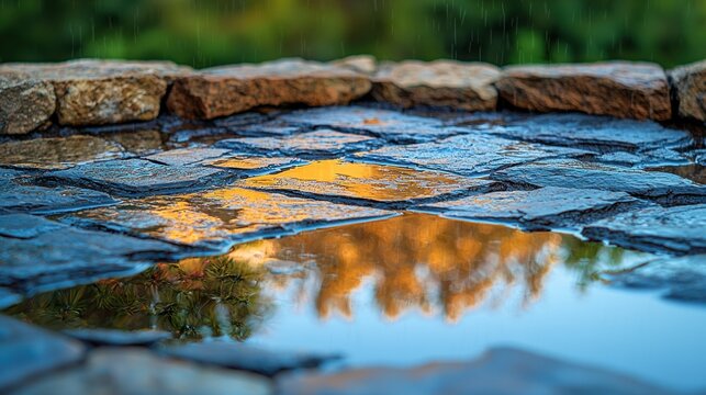 Rain Reflecting in a Puddly Stone Pathway