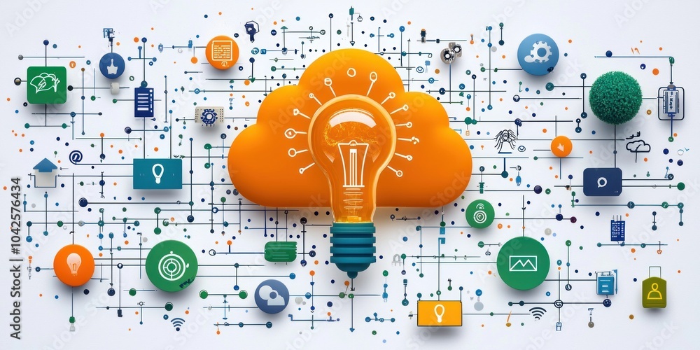 Poster Illuminated Cloud Computing Network with Various Icons and Symbols