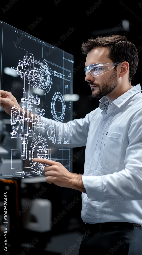 Poster innovative engineer analyzing cutting-edge technology with interactive holographic display
