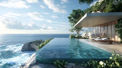 Luxury hotel featuring an infinity pool perched on a cliff overlooking the ocean with breathtaking views of crashing waves below