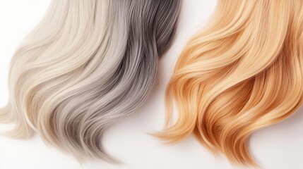 Fototapeta premium Before and after hair dye transformation, from gray to vibrant blonde, close-up shot highlighting color intensity and hair shine, Hair dye transformation, vibrant color