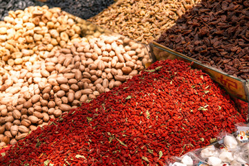 Dried raisins and nuts in close up in the International Grand Bazaar Xinjiang, Urumqi, China