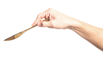 Male hand holding a golden steel cooking knife isolated on white background.