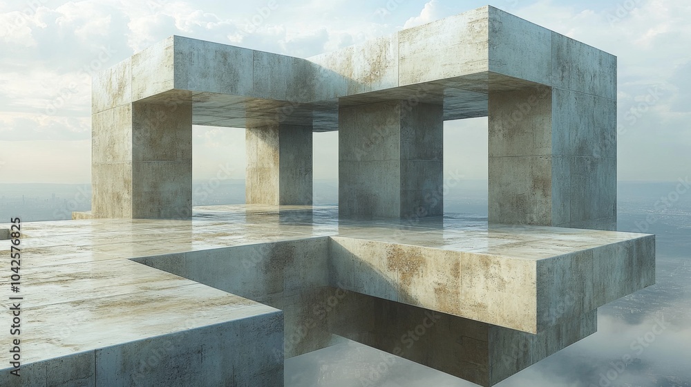 Aufkleber An unconventional architectural design features a floating concrete structure amid clouds, showcasing sharp angles and a vast sky. The surreal environment offers a dreamy perspective.
