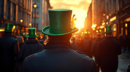 People wearing green hats celebrate a festive sunset gathering.