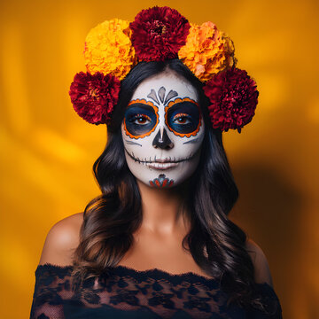 Mulher com cabelos longos ondulados adornados com flores coloridas, destacando sua beleza e estilo.