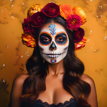 Beleza capturada em uma fotografia, mostrando uma mulher com flores no cabelo e um decote sutil. mexicana 