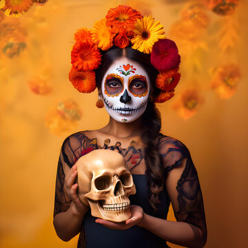 Retrato estiloso de uma mulher com um acess&oacute;rio floral no cabelo, em um fundo desfocado. Feriado dia de los Muertos no m&eacute;xico