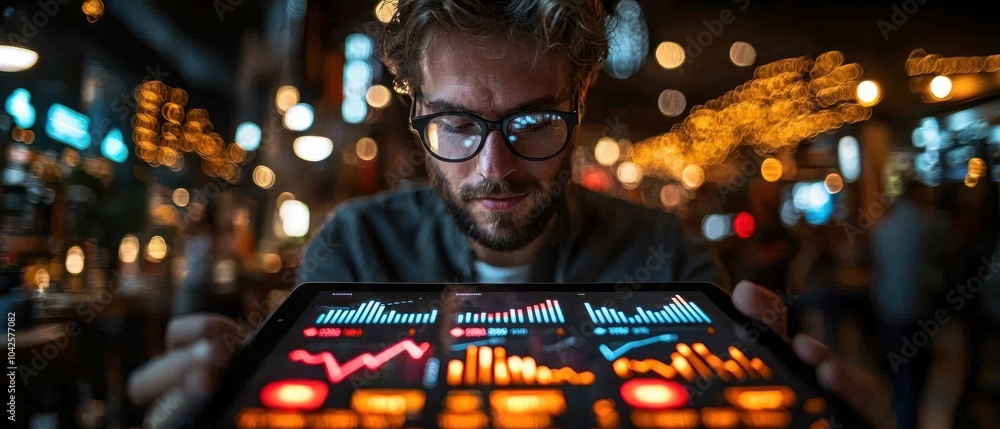 Poster man analyzing financial data on a tablet in a city setting at night