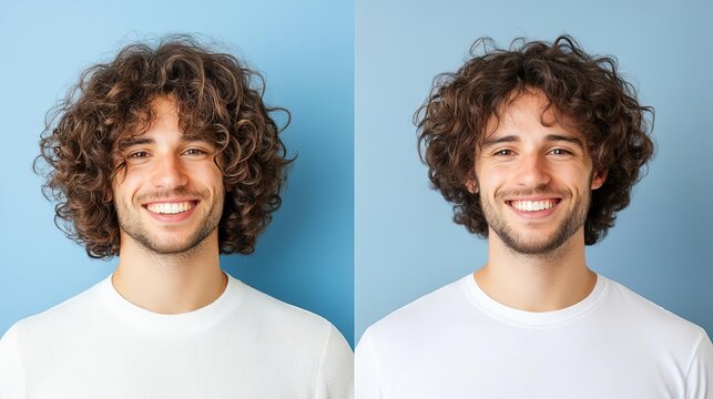Curly-haired man before and after moisturizing hair treatment, dry, frizzy curls replaced by soft, hydrated, defined curls, Moisturizing treatment, curl transformation
