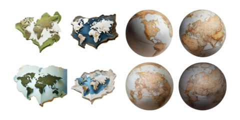Diverse Globes and Maps of the World, PNG collection, set bundle, isolate on transparent or white background