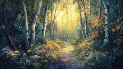 Obraz premium A serene forest path illuminated by soft sunlight, evoking tranquility and nature's beauty.