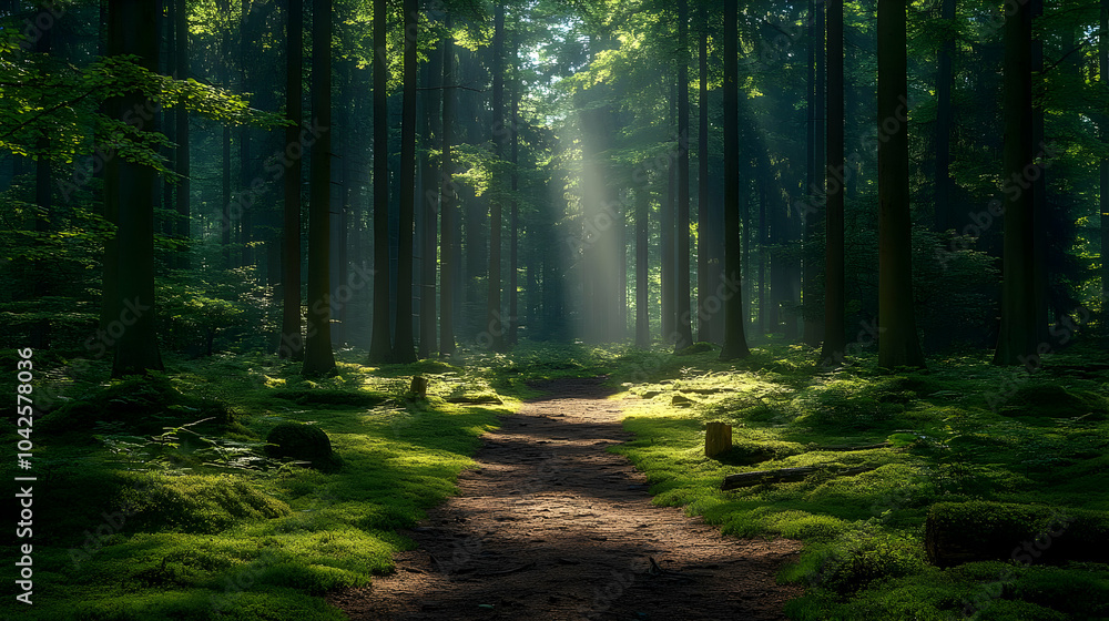 Poster serene forest path illuminated by sunlight through trees.