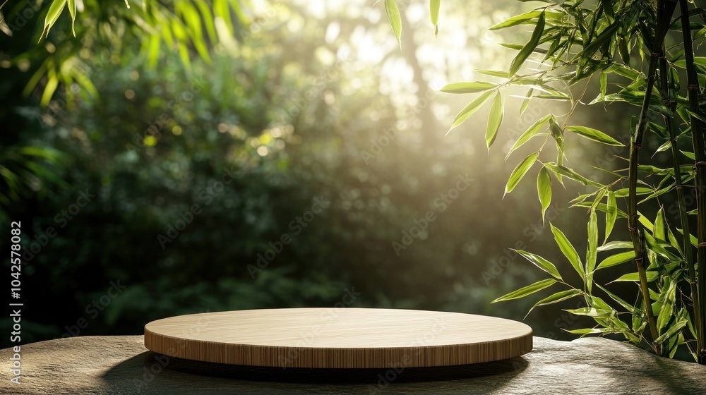 Poster a serene bamboo setting with a circular platform, ideal for product display or photography.