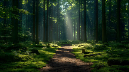 Obraz premium Serene forest path illuminated by sunlight through trees.