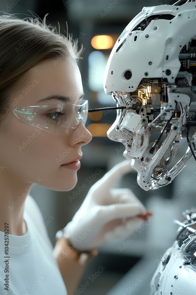 Poster exploring the intersection of humanity and technology a close encounter between a woman and a robot