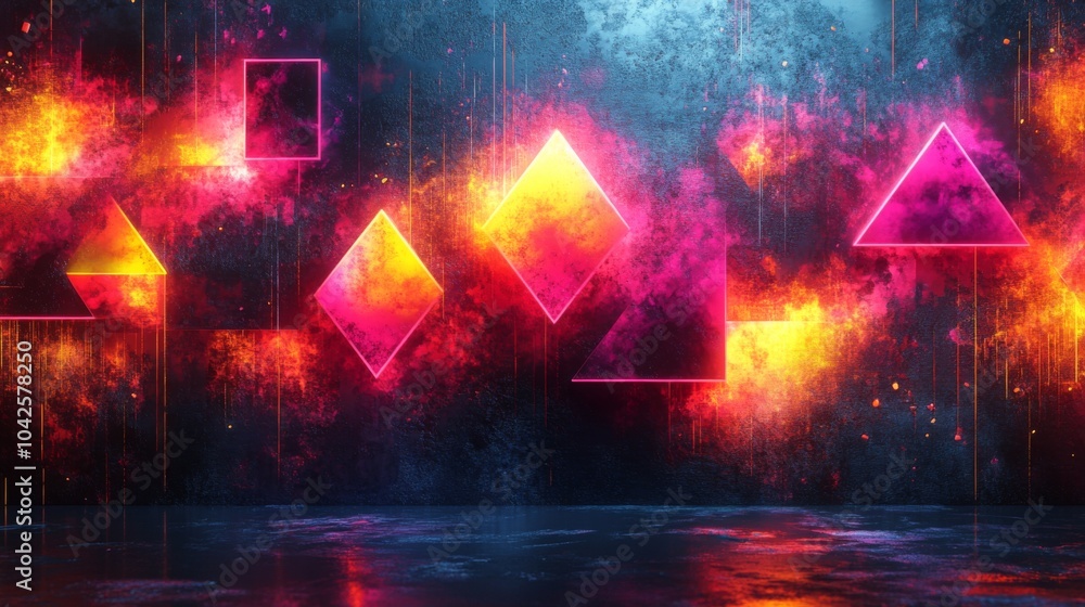 Leinwandbilder a collection of bright geometric shapes radiates light in vivid colors against a textured backdrop, 