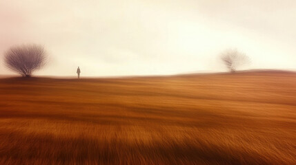 solitary figure stands in vast, flowing grassland under soft, dreamy sky. scene evokes sense of tranquility and introspection, surrounded by gentle, blurred trees
