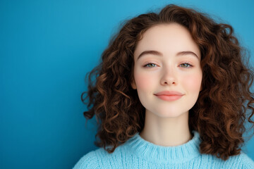 Naklejka premium Close-up portrait of a young woman with curly brown hair wearing a light blue sweater. Her serene smile and soft expression are complemented by a solid blue background