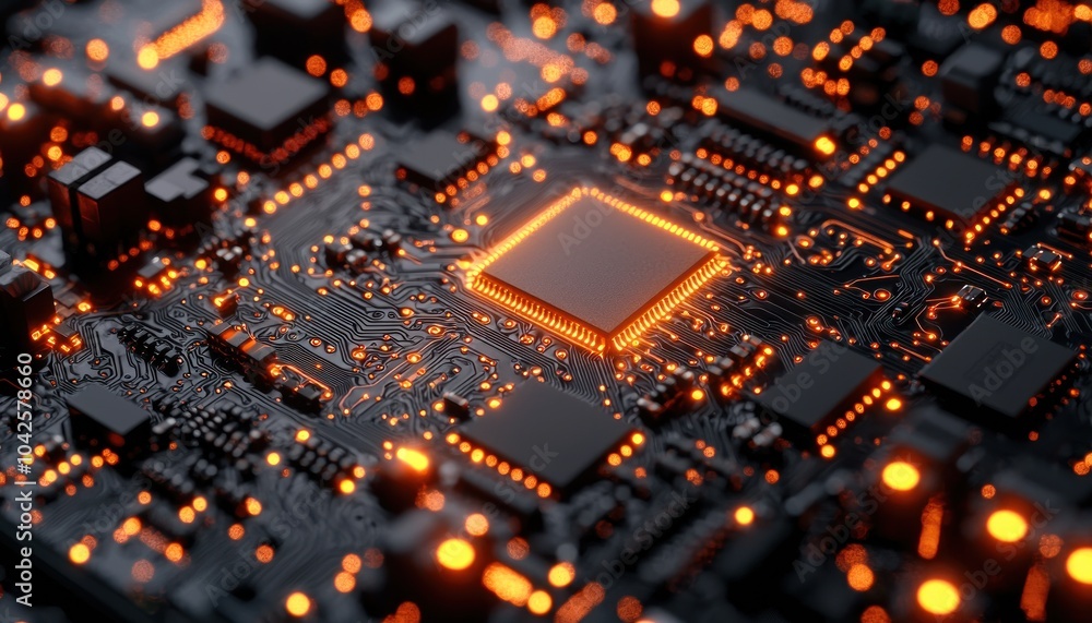 Poster Close-up of an Illuminated Circuit Board with a Central Processor