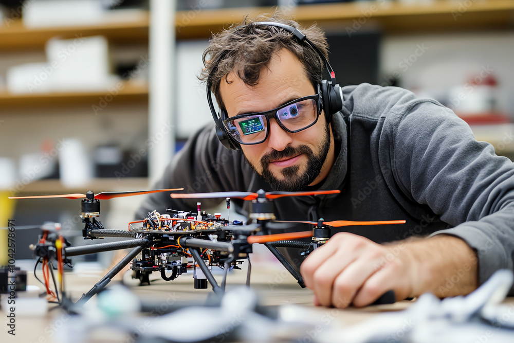 Poster exploring the intersection of technology and hobbies a close-up of a man working with a drone