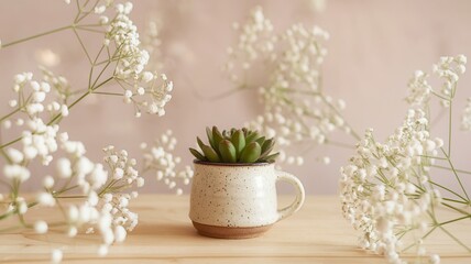 Obraz premium Potted cactus with white flowers and a textured cream mug in soft-focus setting