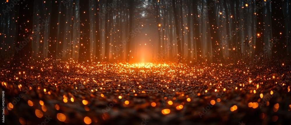 Poster Glowing Lights and Silhouetted Trees in a Forest