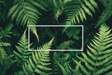 A lush green background of ferns with a blank white frame for text or design.