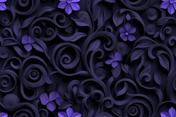 Dark seamless Victorian wallpaper, featuring intricate, gothic-style flourishes in deep purples and blacks