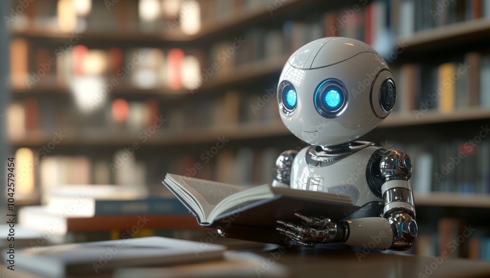 Poster a humanoid robot sits in a library, reading a book with a bookshelf in the background.
