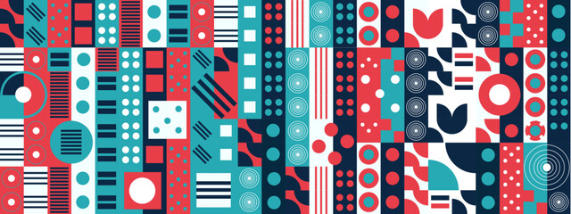 An intricate arrangement of vibrant geometric shapes and patterns,