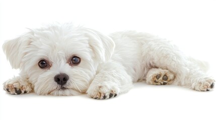 Obraz premium A fluffy white dog lying down, looking curiously at the camera.