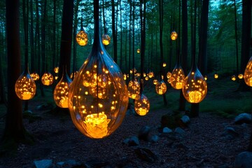 Enchanted Bieszczady Mountains, with glowing trees, mystical creatures, and a magical sunrise illuminating the forest