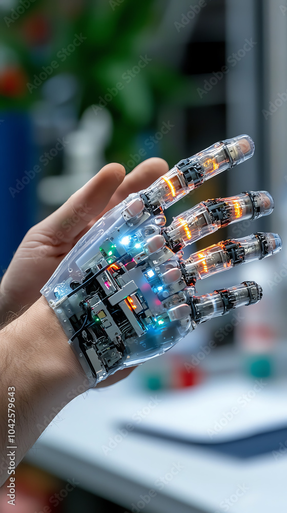 Poster exploring the future of robotics a close-up of an advanced prosthetic hand with integrated technolog