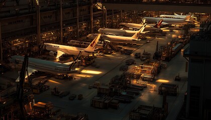 Several large commercial airplanes are parked inside a hangar, with various maintenance equipment and vehicles surrounding them. The hangar is lit by a single, large window in the ceiling.