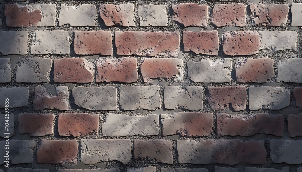 Aufkleber A textured brick wall with a mix of red and gray bricks, illuminated by soft light, creating an interesting visual depth and shadow play.