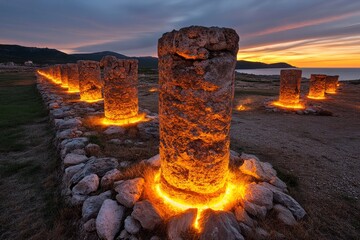 Fantasy depiction of Sepinoâ€™s ruins, with glowing ancient structures illuminated by magical light, as if revived by history