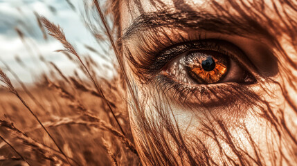 close up of mans eye surrounded by golden grass, showcasing intricate details and textures. warm...